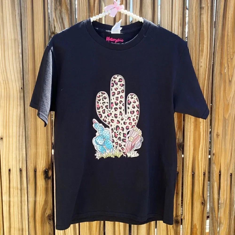 Waterschic Cheetah Cactus Short Sleeve Shirt Black Size Small